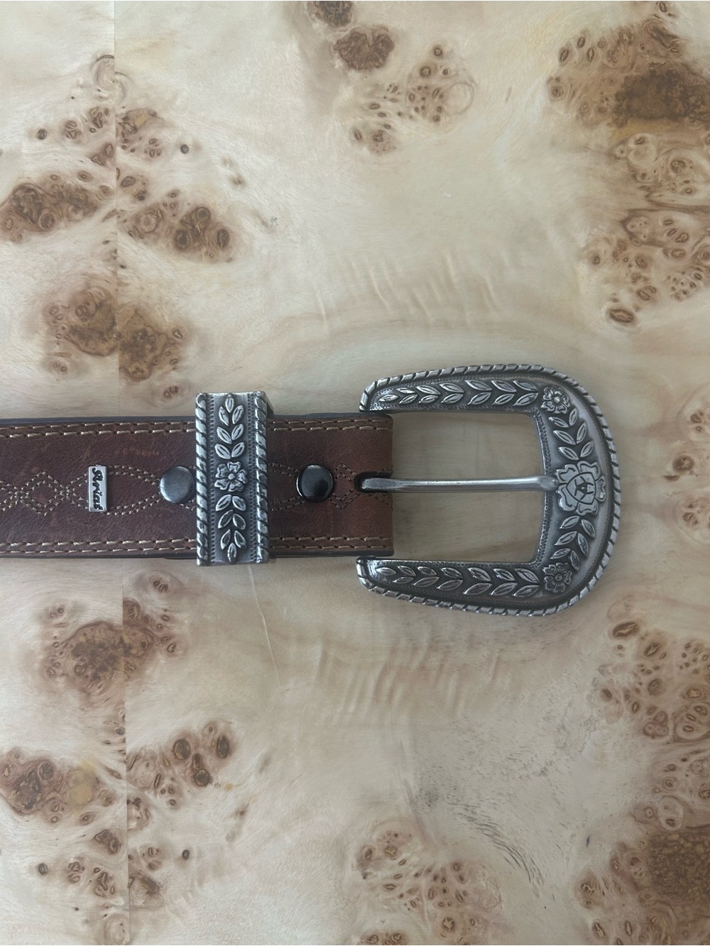 Ariat Western Stitched Brown Belt with Silver Floral Hardware: Size 32